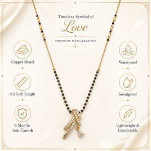 KZ Gold Plated Cross Bar CZ Mangalsutra for Women Black Bead Chain Diagonal X Pendant with Drop FS