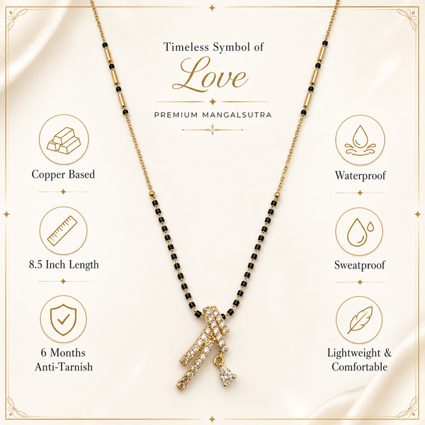 KZ Gold Plated Cross Bar CZ Mangalsutra for Women Black Bead Chain Diagonal X Pendant with Drop FS