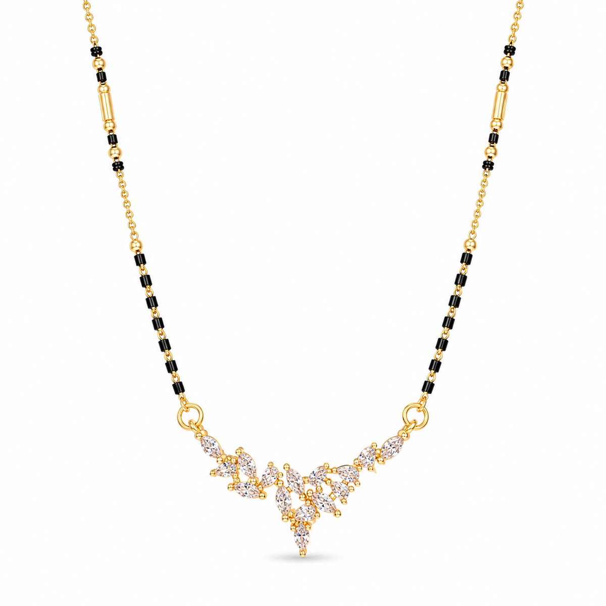 KZ Gold Plated V Shape Marquise CZ Mangalsutra for Women Black Bead Chain Cascading Fan Pendant FS