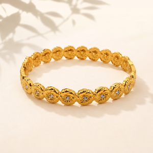 Gold Large Round Flower Motif Diamond Center Oval Kada for Women | Floral Petal Stone Stainless Steel Ladies Bangle | Floral Festive Jewellery