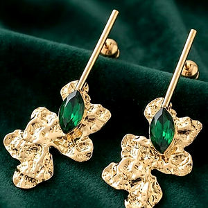 Close-up Anti-Tarnish Gold Plated Abstract Floral Crystal Green Earrings on velvet - House of Viya