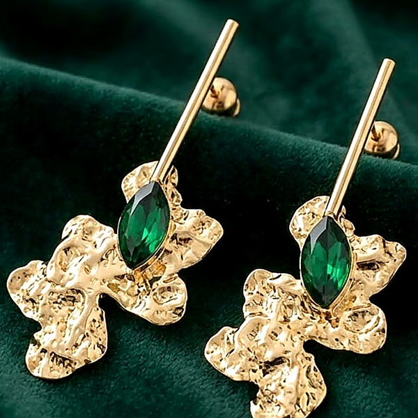 Anti-Tarnish Gold Plated Abstract Floral Crystal Green Earrings - 1 Pair