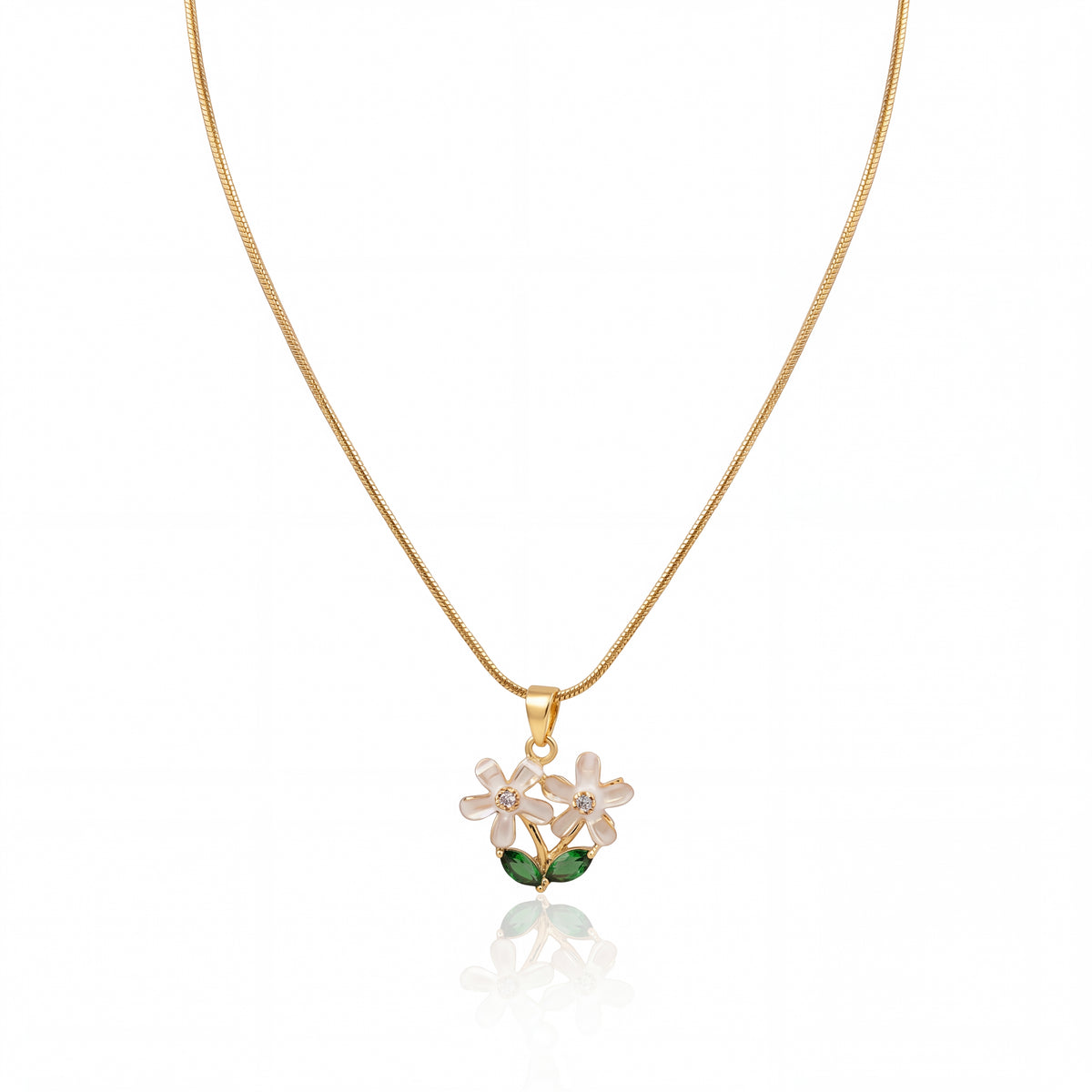 Gold Green Leaf Enamel Flower Pendant Chain Anti-Tarnish Necklace