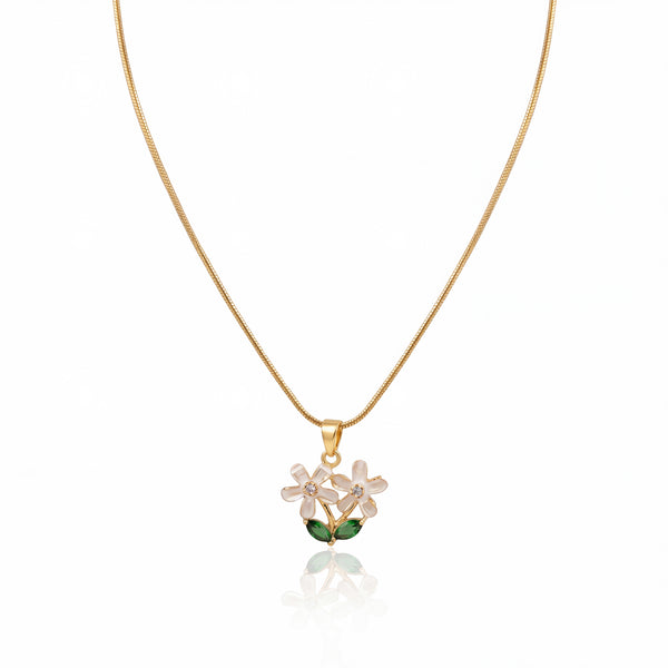 Gold Green Leaf Enamel Flower Pendant Chain Anti-Tarnish Necklace