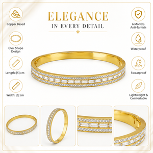 Gold Bar Set Diamond Oval Kada for Women | Horizontal Bar Stone Stainless Steel Ladies Bangle | Contemporary Festive Jewellery