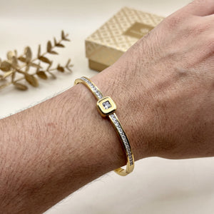 Bezel Square CZ Centerpiece Pave Baby Kada Bangle | Gold Plated Slim Statement Bracelet for Women