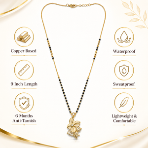 KZ Gold Plated Large Floral Bloom CZ Mangalsutra for Women Black Bead Chain Big Flower Pendant FS