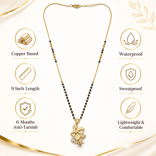 KZ Gold Plated Large Floral Bloom CZ Mangalsutra for Women Black Bead Chain Big Flower Pendant FS