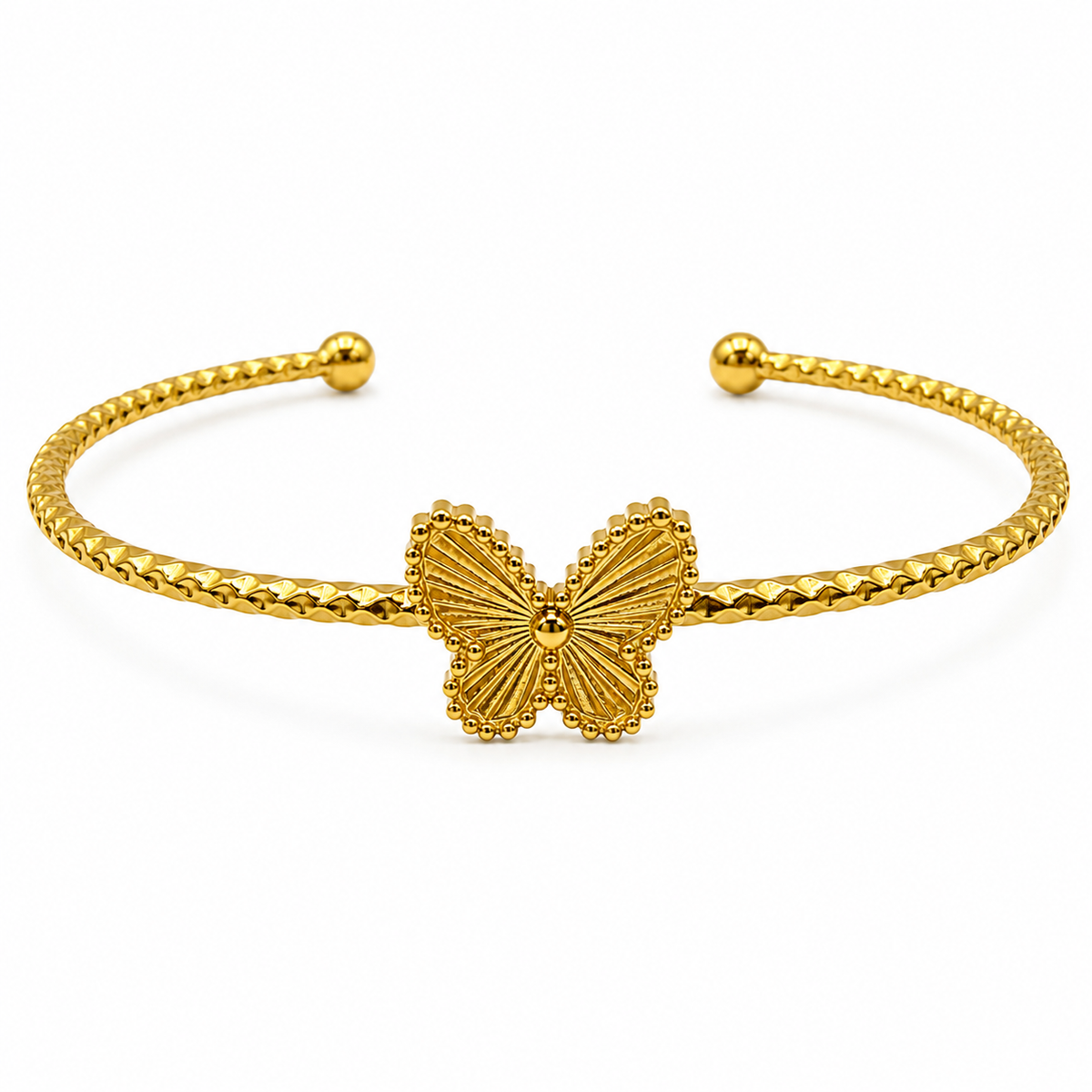 Gold Butterfly Fan Center Open Cuff Kada | Beaded Ball End Stainless Steel Ladies Bangle | Elegant Festive Wrist Jewellery