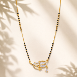 KZ Gold Plated Tulip Leaf CZ Mangalsutra for Women Black Bead Chain Petal Pear Drop Pendant FS
