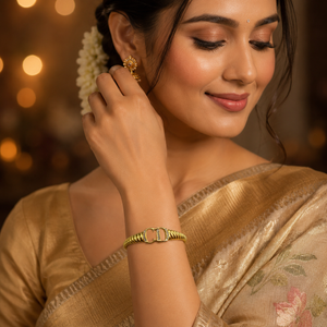 Gold CD Logo Initials Ribbed Twisted Band Oval Kada for Women | Monogram Designer Stainless Steel Ladies Bangle | Luxury Brand Festive Jewellery