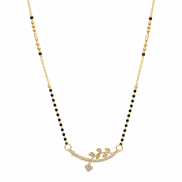 KZ Gold Plated Branch Leaf CZ Mangalsutra for Women Black Bead Chain Twig Floral Drop Pendant FS