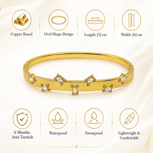 Real Baguette Rectangular White Stone Gold Oval Kada for Women | Channel Set Crystal Stainless Steel Ladies Bangle | White Baguette Jewellery