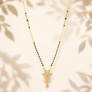 KZ Gold Plated Bow Star Drop CZ Mangalsutra for Women Black Bead Chain Ribbon Star Pendant FS