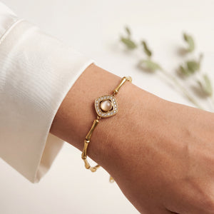 Gold Plated Bamboo Bar Link Bracelet with Rhombus Pink Stone Halo Centrepiece and Lobster Clasp