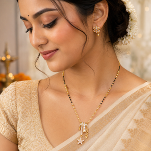 KZ Gold Plated Star Charm Bar CZ Mangalsutra for Women Black Bead Chain Multi Drop Bar Pendant FS
