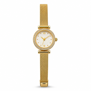 Watches Gold-Tone Round Dial Crystal Studded Bezel Mesh Bracelet Watch for Women