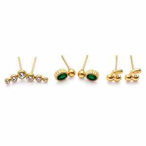 Earrings Pearl Bead Bar, Emerald Oval Halo & Gold Cluster Ball Stud Earrings Set of 3 Pairs