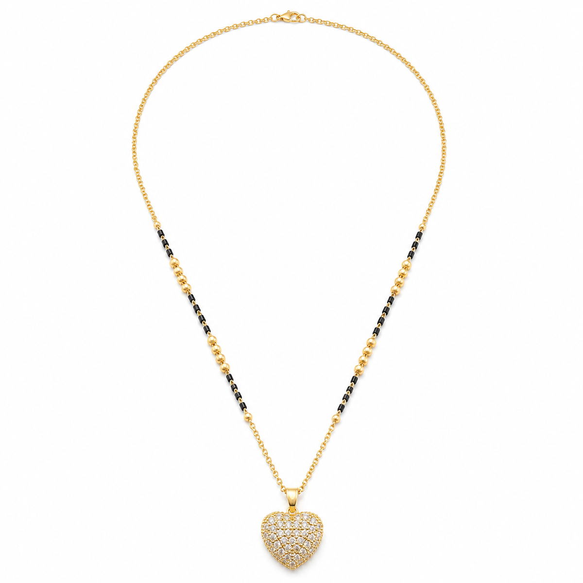 KZ Gold Plated Pave Heart CZ Mangalsutra for Women Black Bead Chain Full CZ Heart Pendant FS