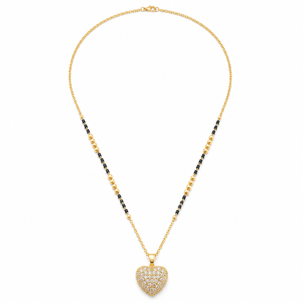 KZ Gold Plated Pave Heart CZ Mangalsutra for Women Black Bead Chain Full CZ Heart Pendant FS
