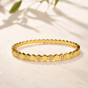 Gold Tension Set Diamond Oval Kada for Women | Floating Solitaire Stainless Steel Ladies Bangle | Minimalist Festive Jewellery
