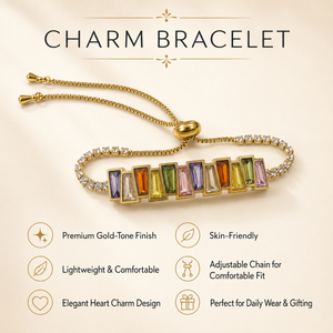 Gold Plated Adjustable Slider Bolo Bracelet with Multicolor Rainbow Baguette Stone Tennis Center