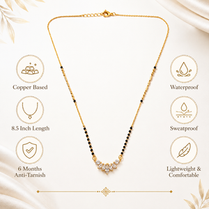 KZ Gold Plated Marquise Cluster CZ Mangalsutra for Women Black Bead Chain Floral Fan Pendant FS