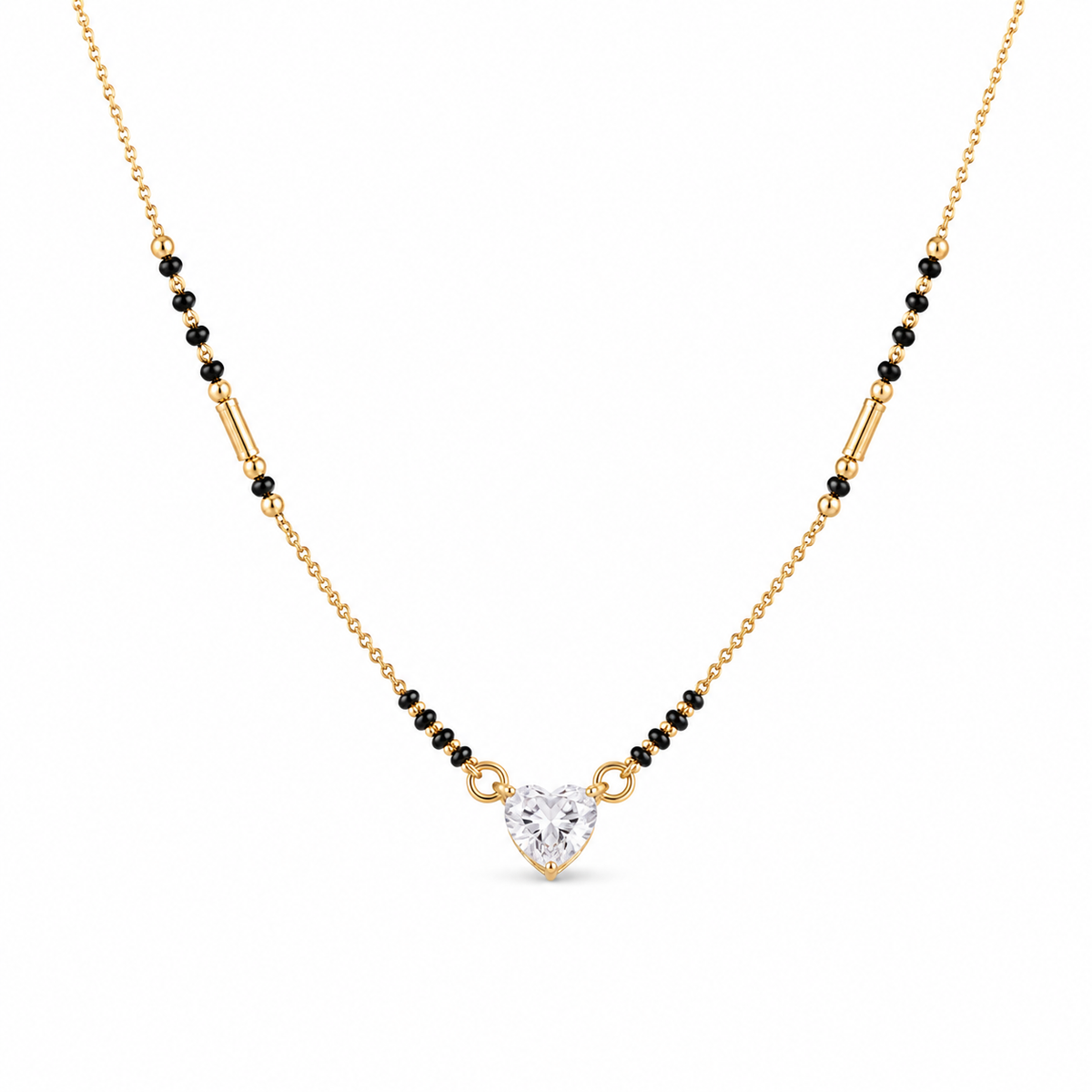 KZ Gold Plated Pink Heart Solitaire CZ Mangalsutra for Women Black Bead Chain Love Pendant FS