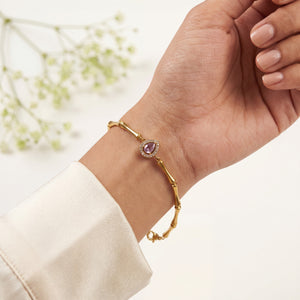 Gold Plated Bamboo Bar Link Bracelet with Oval Pink Stone Halo Centrepiece and Lobster Clasp