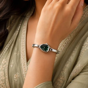 Watches Silver-Tone Pear Shape Dial Green Stone Bracelet Watch for Women