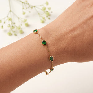 Gold Plated Green Teardrop Stone Bezel Station Chain Bracelet with Lobster Clasp