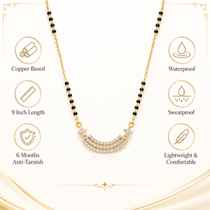 KZ Gold Plated Arc Bar Star CZ Mangalsutra for Women Black Bead Chain Crescent Pendant FS