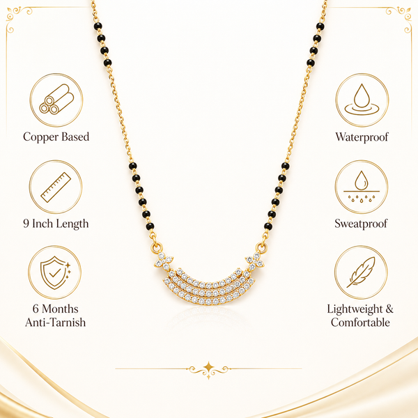 KZ Gold Plated Arc Bar Star CZ Mangalsutra for Women Black Bead Chain Crescent Pendant FS