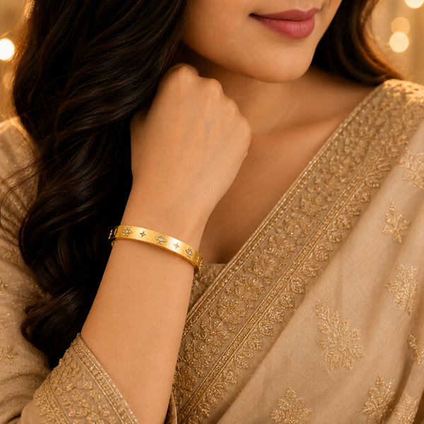 Gold Star Engraved Floral Diamond Cluster Kada for Women | 4-Point Motif Stainless Steel Ladies Bangle | Designer Festive Jewellery