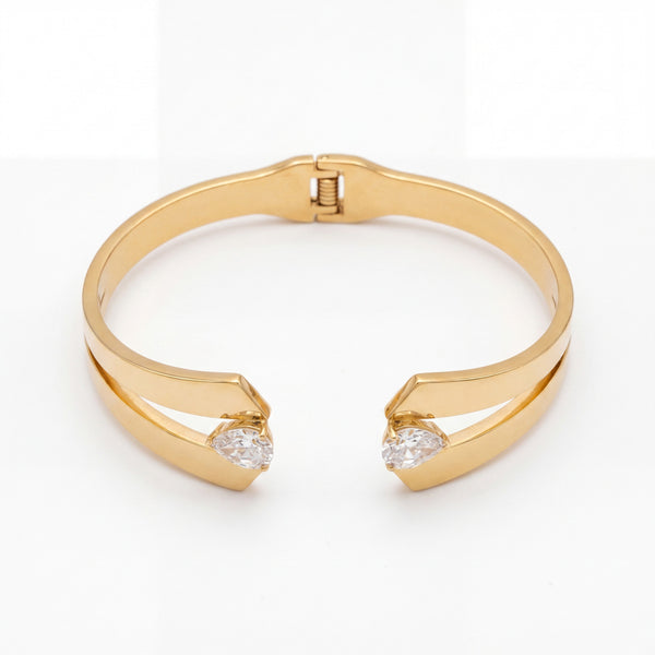 Dual Heart CZ Open Bypass Baby Kada Bangle | Gold Plated Solitaire Tip Cuff Bracelet for Women