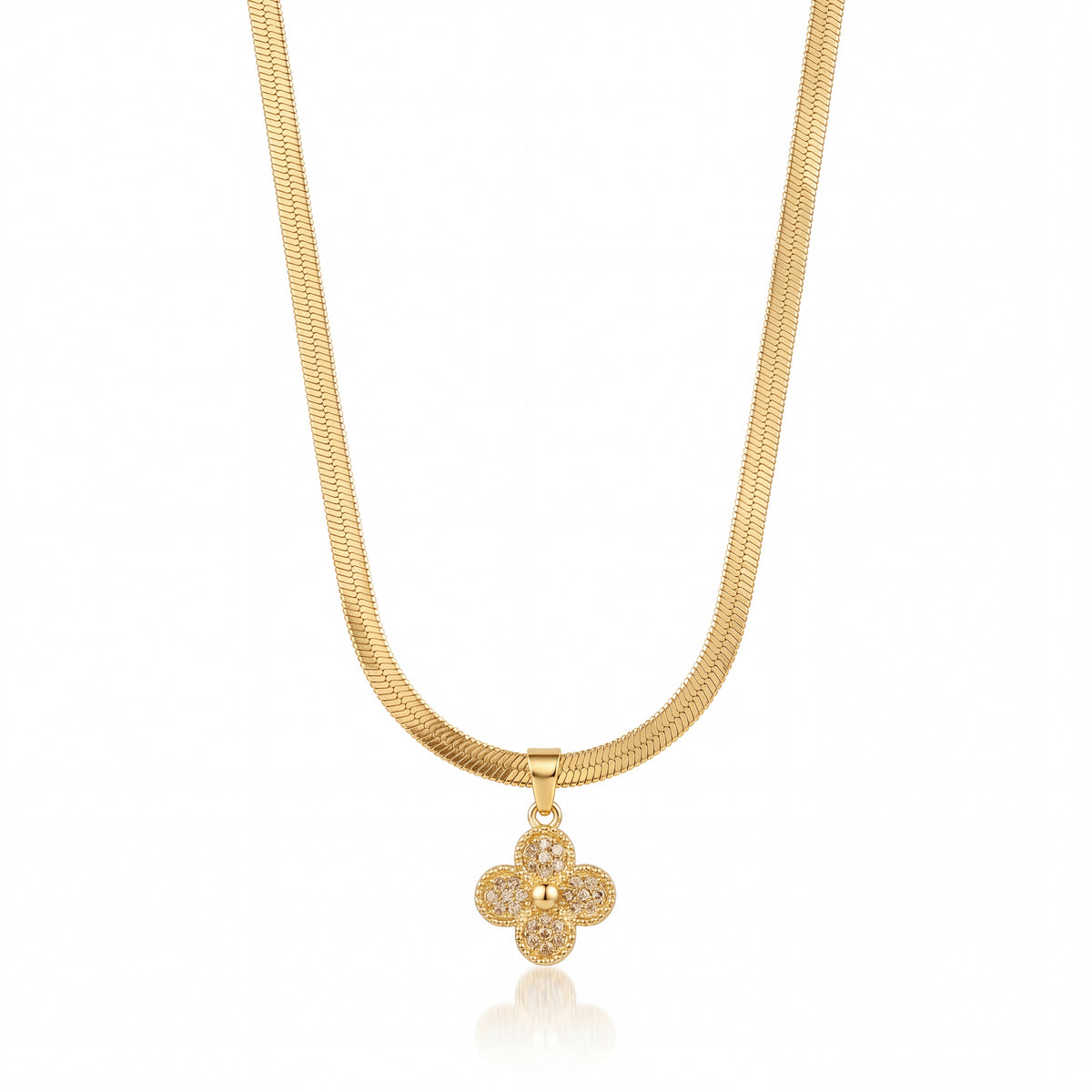 Gold Clover Flower CZ Pendant Snake Chain Anti-Tarnish Necklace
