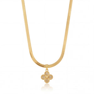 Gold Clover Flower CZ Pendant Snake Chain Anti-Tarnish Necklace