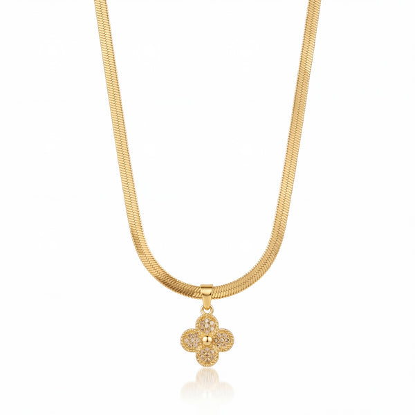 Gold Clover Flower CZ Pendant Snake Chain Anti-Tarnish Necklace