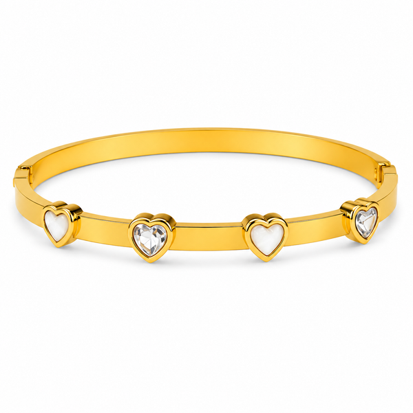 Gold Heart Shape Diamond Oval Kada for Women | Raised Heart Motif Stainless Steel Ladies Bangle | Romantic Festive Jewellery