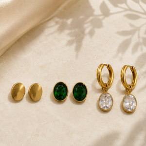 Earrings Emerald Oval Bezel, Halo Drop Hoop & Gold Oval Stud Earrings Set of 3 Pairs