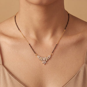 KZ Gold Plated Floral Wing CZ Mangalsutra for Women Black Bead Chain Marquise Leaf Pendant FS