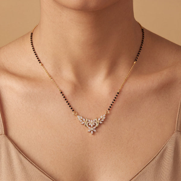 KZ Gold Plated Floral Wing CZ Mangalsutra for Women Black Bead Chain Marquise Leaf Pendant FS