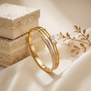 Emerald Cut CZ Dual Band Baby Kada Bangle | Gold Plated Slim Stackable Bracelet for Women