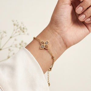Gold Plated Delicate Chain Bracelet with Twin Filigree Quatrefoil Clover Charm Center and Lobster Clasp