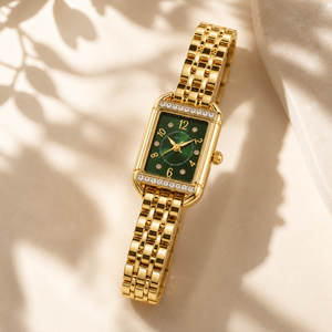 Watches Gold-Tone Rectangular Green Dial Crystal Studded Bezel Bracelet Watch for Women