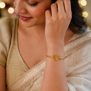 Gold Butterfly Fan Center Open Cuff Kada | Beaded Ball End Stainless Steel Ladies Bangle | Elegant Festive Wrist Jewellery
