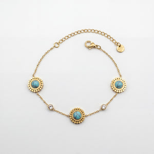 Gold Plated Delicate Chain Bracelet with Turquoise Round Halo Stations and White Stone Accents