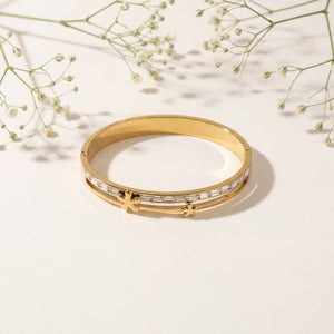 Floral Star Accent Pave CZ Baby Kada Bangle | Gold Plated Slim Stackable Bracelet for Women