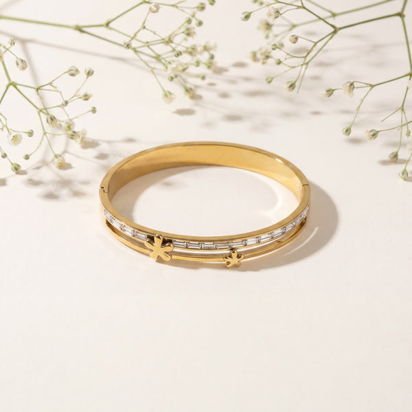 Floral Star Accent Pave CZ Baby Kada Bangle | Gold Plated Slim Stackable Bracelet for Women
