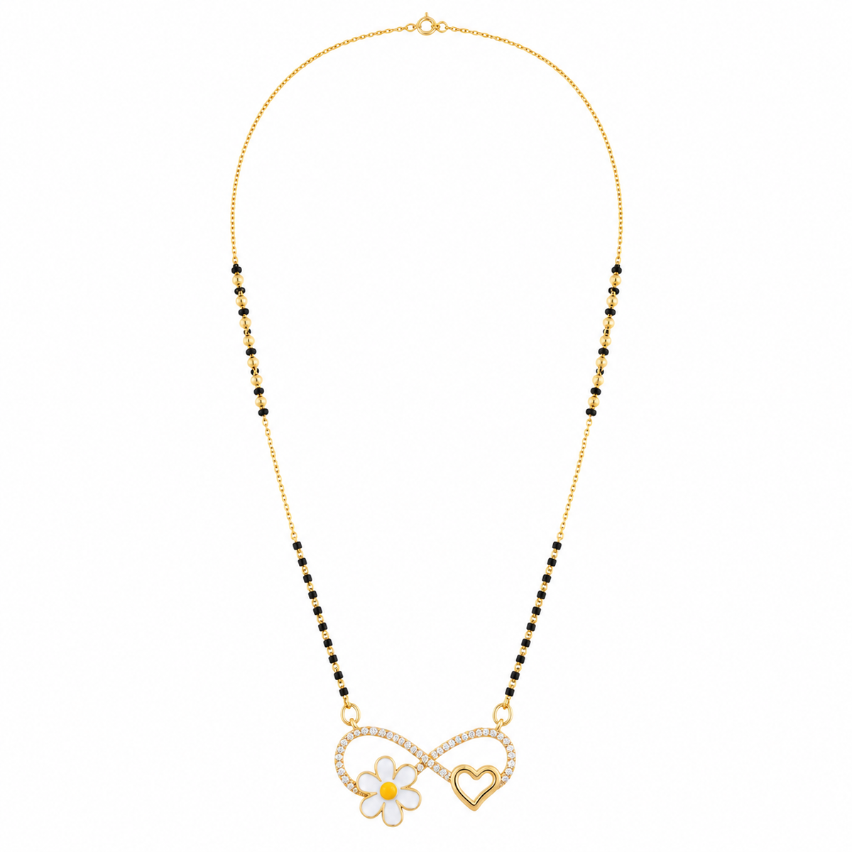 KZ Gold Plated Infinity Flower Heart CZ Mangalsutra for Women Black Bead Chain Enamel Daisy Pendant FS